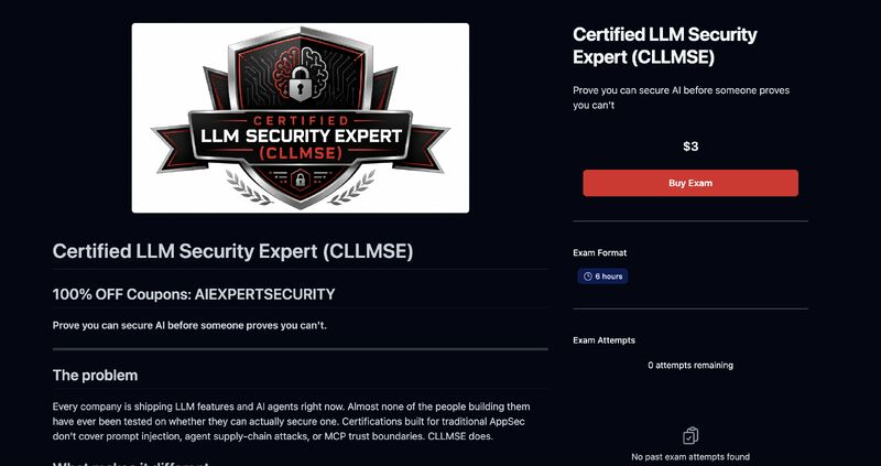 C0d3Cr4zy's tweet photo. FREE CERTIFIED CLLMSE:  certification was created for professionals who want to prove, in practice, that they can identify, exploit, and remediate vulnerabilities in AI-powered applications.  

Use 100% OFF coupon: 
AIEXPERTSECURITY  https://t.co/aabfI9GvEy https://t.co/3k8x8xKcWK