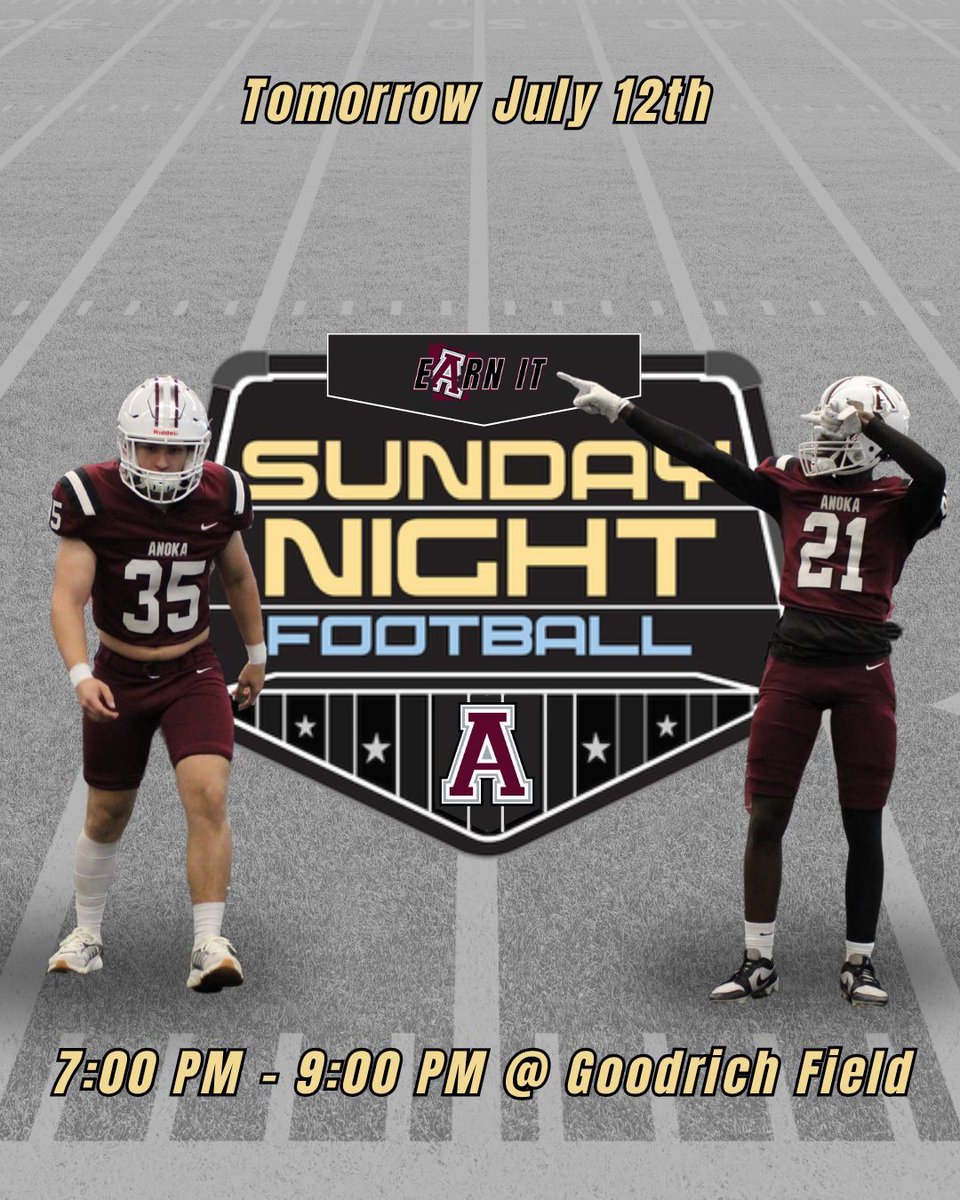 AnokaFootball's tweet photo. Reminder that we are back at it tomorrow night with a little Sunday Night Football at Goodrich Field. #EarnIt #EAT https://t.co/yQx8fDzLph