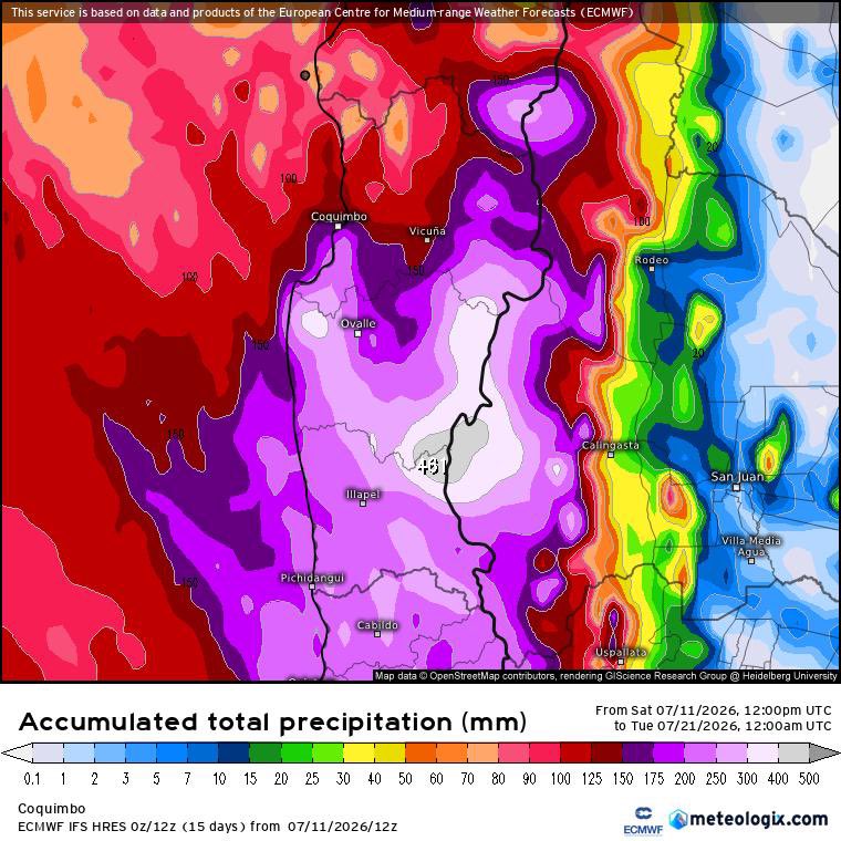 RedGeoChile's tweet photo. 🌧️ Montos acumulados de precipitación hasta el lunes 20 de julio. ¡BASTANTE!

Tiene un parecido notable al evento del 12 de mayo de 2017 o al de julio de 1984.

Según el modelo ECMWF en su corrida 12Z de hoy 11/07/2026, a menos de una semanas de las lluvias, estima acumulados de hasta 300 mm en la región de Coquimbo y de 100 mm en la provincia de Huasco.

El modelo GFS está algo más conservador pero de igual forma indica bastante lluvia.

Fuente: METEOLOGIX.