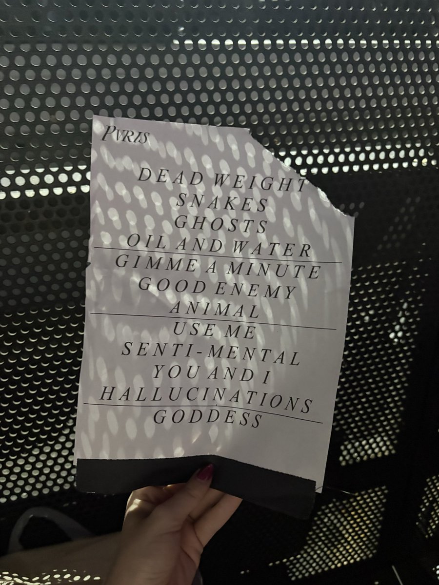 MRE1323's tweet photo. @ThisIsPVRIS setlist!? First setlist ever after attending over 30 concerts 🥹 https://t.co/nKr9GUAdTm
