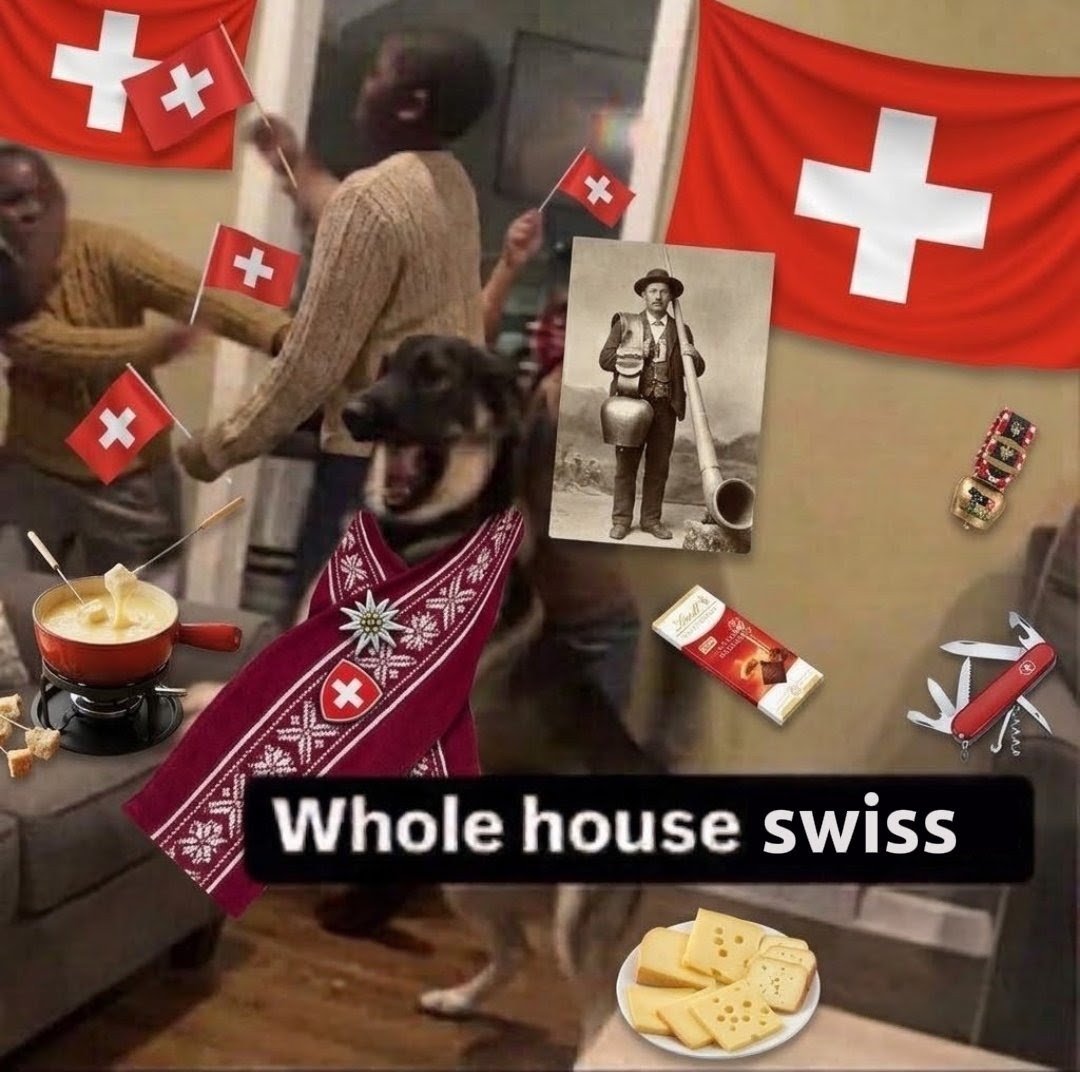 hallucinaetions's tweet photo. whole house swiss🇨🇭🇨🇭🇨🇭🇨🇭🇨🇭🇨🇭🍫🍫🍫🍫🧀🧀🧀🧀 https://t.co/y5nuvzr47D