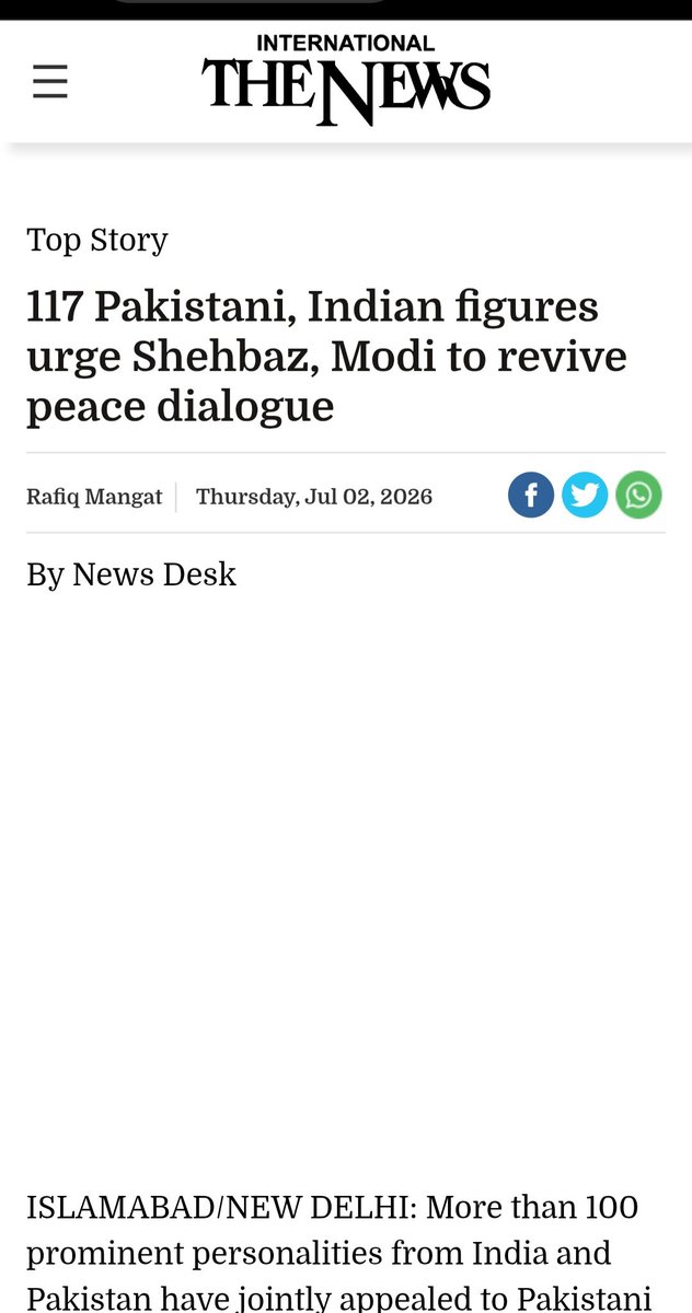 mawngat's tweet photo. 2 July 2026. The News, Front Page
https://t.co/hYEuQcYN0s @
117 Pakistani, Indian figures urge Shehbaz, Modi to revive peace dialogue https://t.co/U70ksNwjDE
