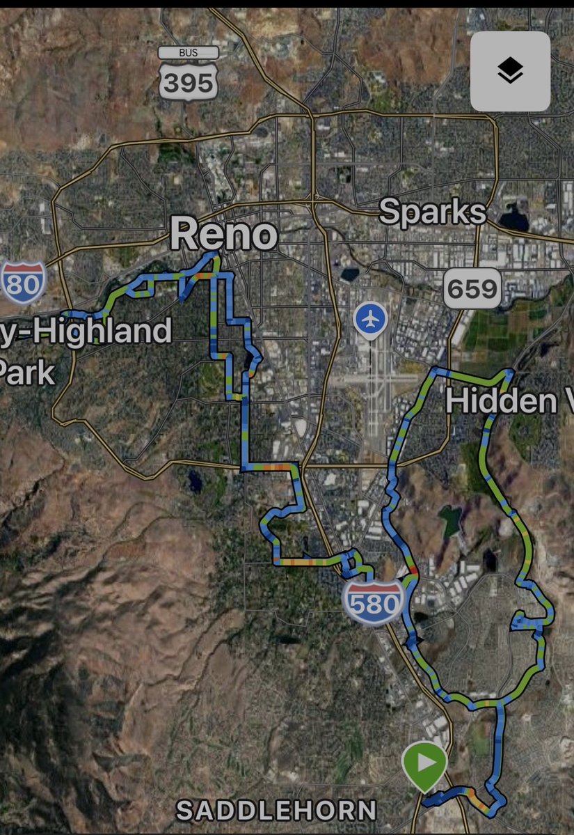 NeilSchott0315's tweet photo. 51 Mile ride today in Reno. Very hot. My Garmin reflects the actual temp plus the heat coming off the road. At a red light you also get the car heat, the worse kind! https://t.co/MhbkiPSvud