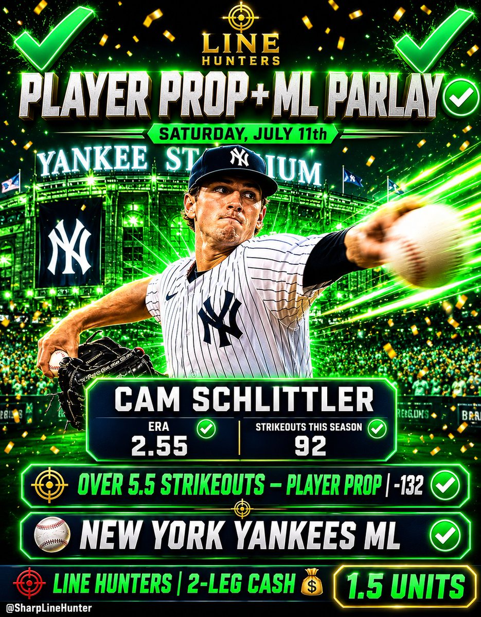 SharpLineHunter's tweet photo. β
β
BOTH LEGS CASHED β 2-LEG PARLAY WIN
π― Schlittler Over 5.5 K's β
βΎ Yankees ML β
Backed the ace & backed the team. Parlay cashed clean. +1.5 Units π°
3-0 on props. Line Hunters don't miss. π
#LineHunters #MLB #Parlay https://t.co/bpvBrNatn7