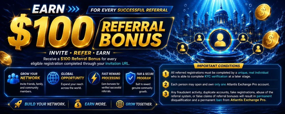 atlantisgirl999's tweet photo. Register​ here👇👇👇​
https://t.co/LXHaOdIEKl

🇺🇲🇺🇲🇺🇲🌎🌎🌎🌎🌎🇺🇲🇺🇲🇺🇲

💰 How to Earn $100 or More in Referral Bonuses After Registration? 🎁💯✌️

1️⃣  Once your account has been activated on Atlantis Exchange Pro, you will find your exclusive Invitation Link.

2️⃣  Copy your Invitation Link and share it with your friends, contacts, social media followers, and group members to maximize your referral rewards.

3️⃣  You will start receiving referral bonuses whenever a valid registration is completed through your Invitation URL.

        🚨 Notes 👇

✅ You will receive $100 for each direct referral.

🚨 All referred registrations must be completed by a unique, real individual who is able to complete KYC verification at a later stage.

🚨 Each person may open and own one account only.

❌ Any fraud or false claim of the Referral Bonus will result in a permanent ban from using Atlantis Exchange.

➡️ Act now and don't miss this great opportunity to earn legitimate income with ease. 👏