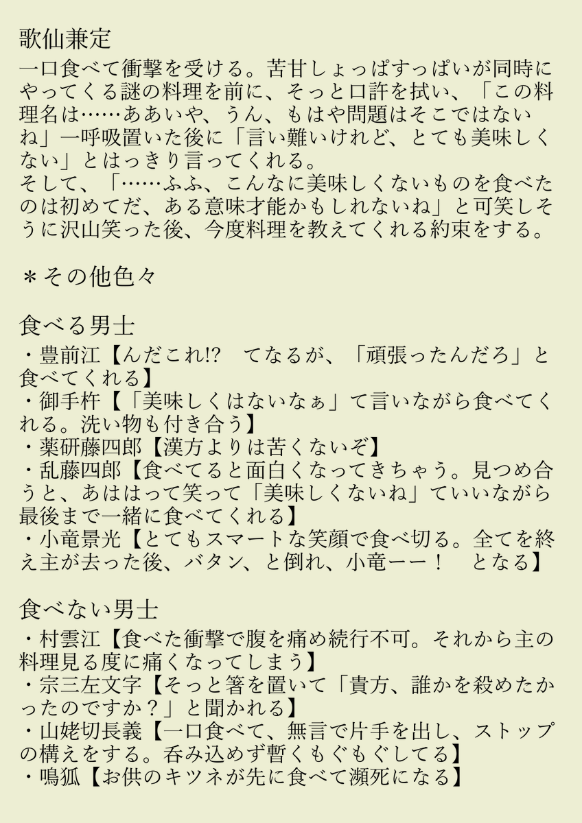 si____o0608's tweet photo. 審神者の手料理が不味かった時の刀剣男士の反応（刀さに） https://t.co/zTi8X357Fi