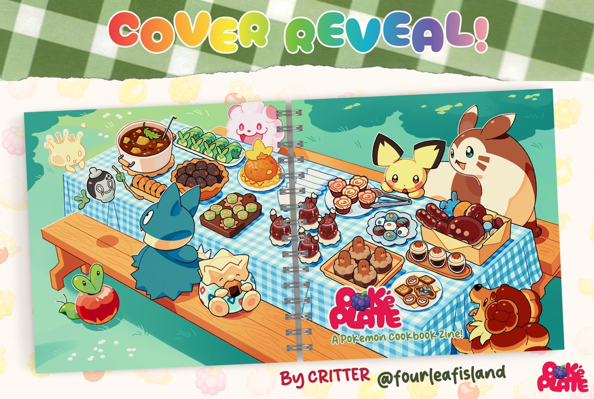 PokePlateZine's tweet photo. 🌿🍇 COVER REVEAL 🍇🌿

We're so thrilled to finally show off our absolutely adorable cover by @fourleafisland! A basket full of berries, a table full of treats, and plenty of Pokémon friends to share them with... you'll find it all in PokéPlate! https://t.co/ok8ZeDEtdk