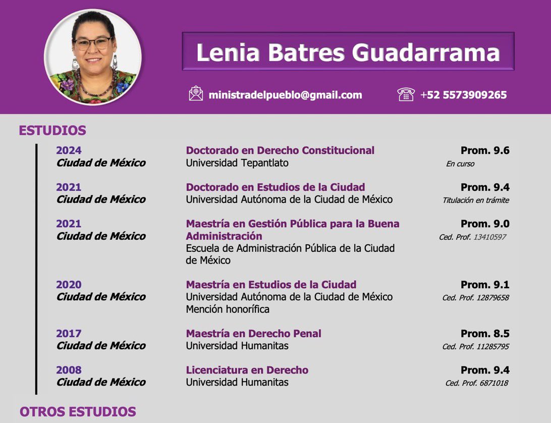 jorgegogdl's tweet photo. Los doctorados “fantasma” de Lenia Batres 

La ministra Lenia Batres presume en su currículum 2 doctorados en derecho constitucional y en estudios de la ciudad.

Sin embargo ante la SEP NO APARECE CON CÉDULA DE DICHOS DOCTORADOS. https://t.co/a370EzR85u