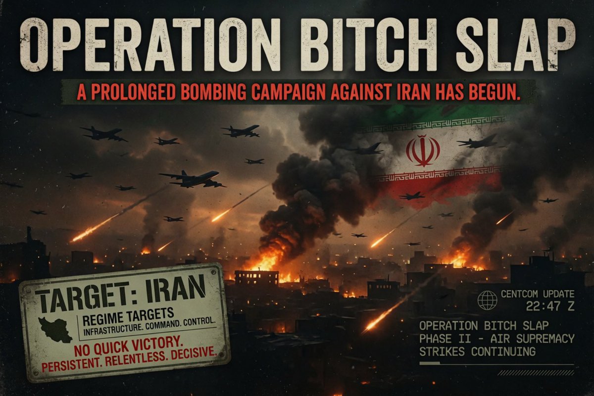 ohsteveplease's tweet photo. BITCH SLAP IN FULL FORCE: US-Led Bombing Blitz to Crush Iran

US and allies launch prolonged bombing campaign targeting Iranian nuclear facilities, missile sites, and regime infrastructure. Waves of strikes reported.

#operationbitchslap #breakingnews #Iran #iranstrikes https://t.co/qVP2CB3MMB