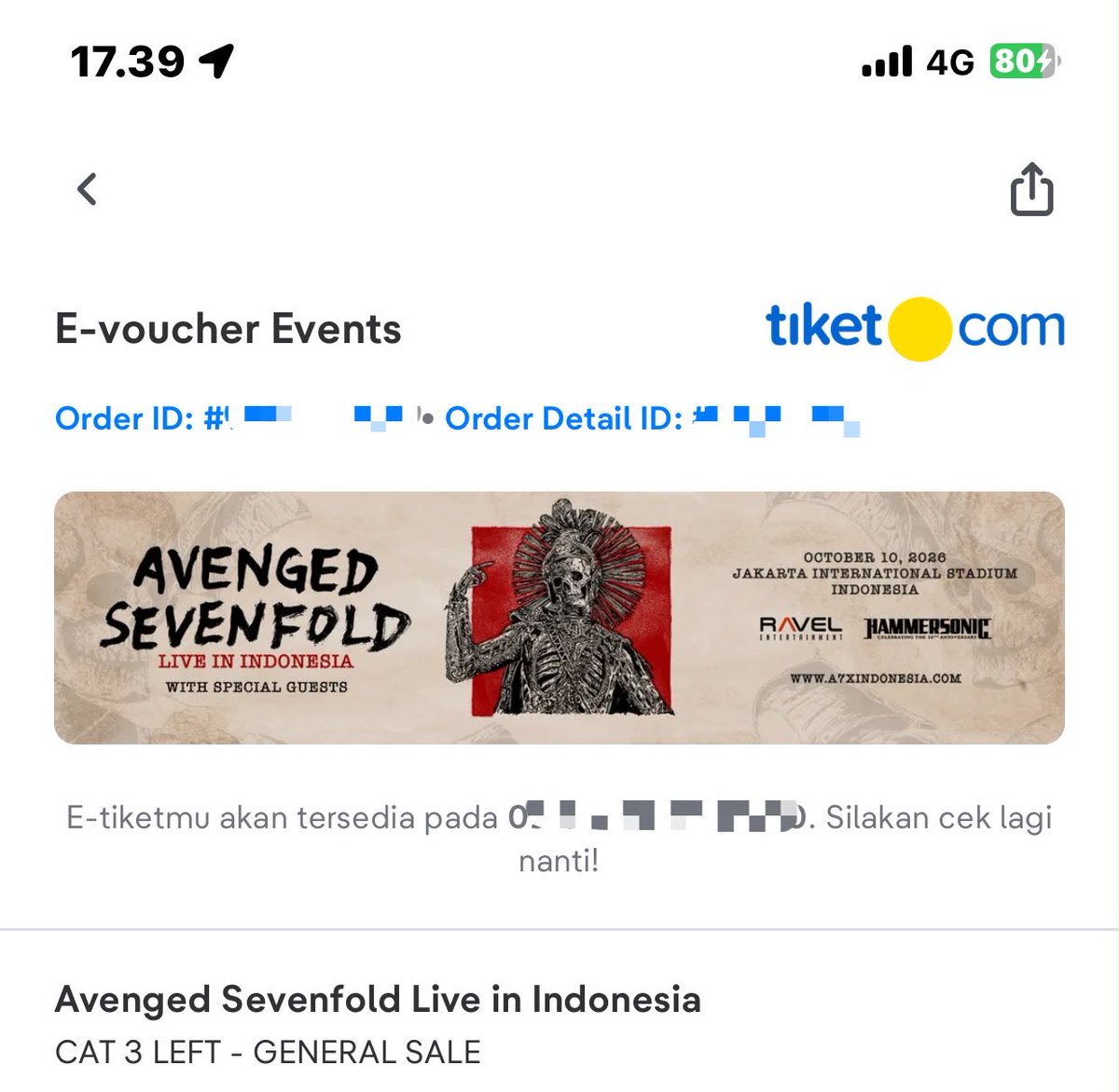 hrjsya's tweet photo. ‼️Want To Sale (WTS)‼️
✅Avail 2 tiket konser avenged sevenfold 
✅Cat 3 left (kiri)
✅Pake data diri pribadi
✅Price dm aja yaww, bisa di bicarakan
Alasan dijual karena pacarku lerjanya jauh, jadi kemungkinan gk bisa nonton.
#wts #avengedsevenfold https://t.co/ATp31OGzLy
