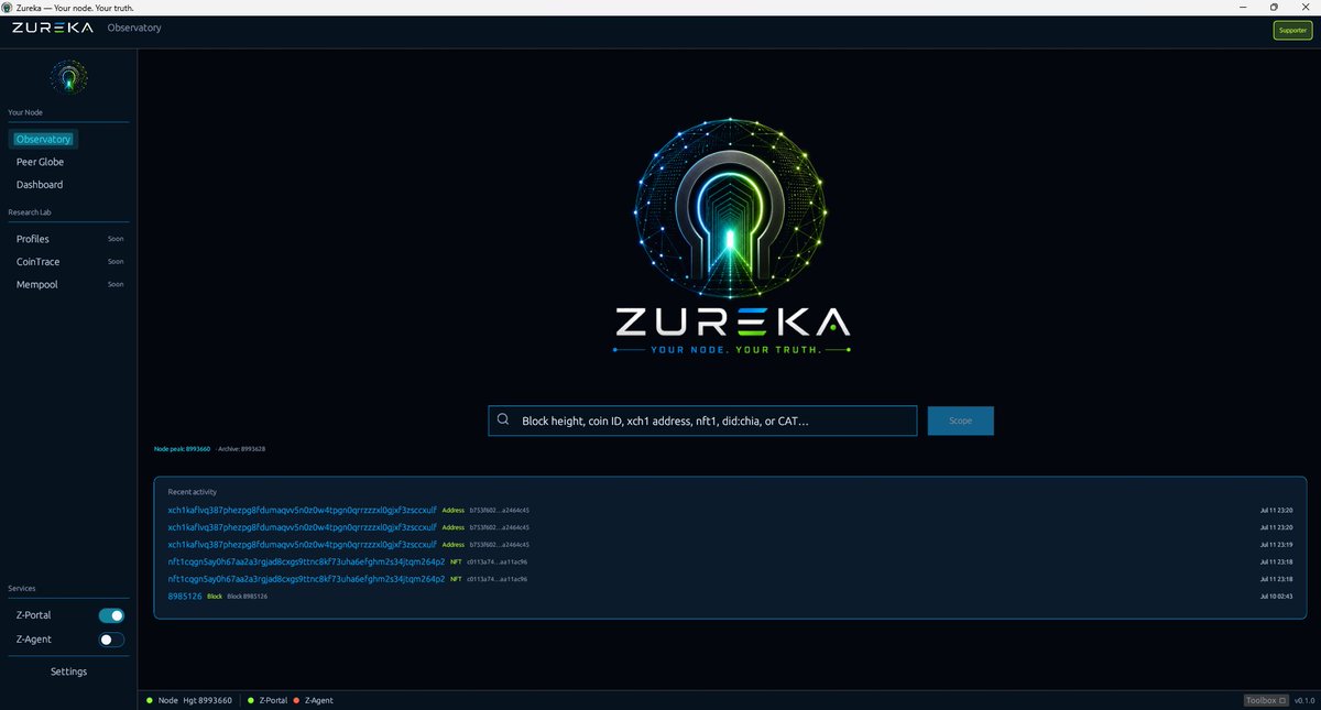 AZurek17's tweet photo. Here's your first look inside Zureka.

This is Observatory.

Your Node. Your Truth.

That isn't just a tagline.

It's the idea behind Zureka.

Your full node already contains the blockchain.

Observatory lets you search, explore, and verify that data using your own node.

No middleman.

No guessing.

Just your own node, your own data, and your own conclusions.

That's what Your Node. Your Truth. means.

This is the first look at Zureka, and I'd love to hear your thoughts. @chia_project