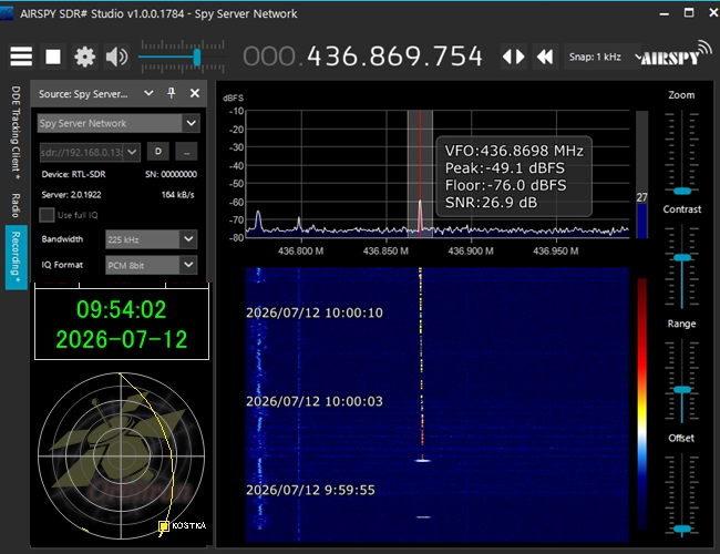 Ja3Tdw's tweet photo. KOSTKA CW and 9k6 TLM 00:55 UTC pass over Japan. 15 9k6 data frames uploaded to SatNOGS. #KOSTKA https://t.co/plXs4N5B3G