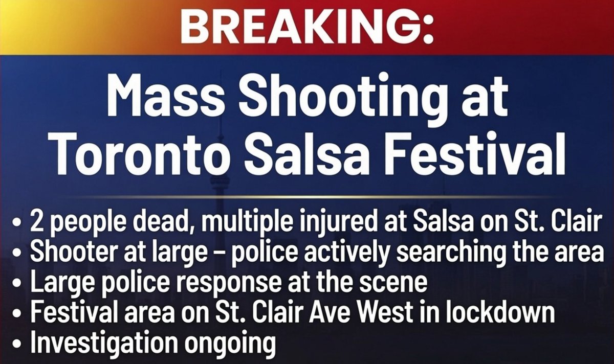 Tablesalt13's tweet photo. ‼️BREAKING 

Toronto police are warning of an active shooter at the Salsa on St. Clair festival that has left two people dead and multiple injured. https://t.co/bb86ckK617