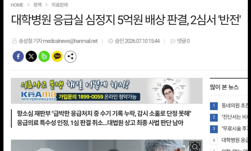 Mauna____'s tweet photo. ��점 디테일을 담은 기사가 나오네. 
- 39세, 체중 120kg (삽관 성공한게 대단) 
- 내원 당시 Cr 28.0mg/dl, RR 38/min, SpO2 82% 
"신장 치료를 위해 조만간 투석을 시작할 예정이었던 환자"
  
기사에 따르면, 환자 측은 뭐라고 했었다? 
 "의료진이 불필요한 기관 삽관을 감행했고, ~~"
 
+ 2심에 와서 뒤집혀서 병원 승소라지만, 
 1심은 13억원대 소송이었는데 병원 책임 60%라며 
 "5.7억을 배상하라" 였음.
