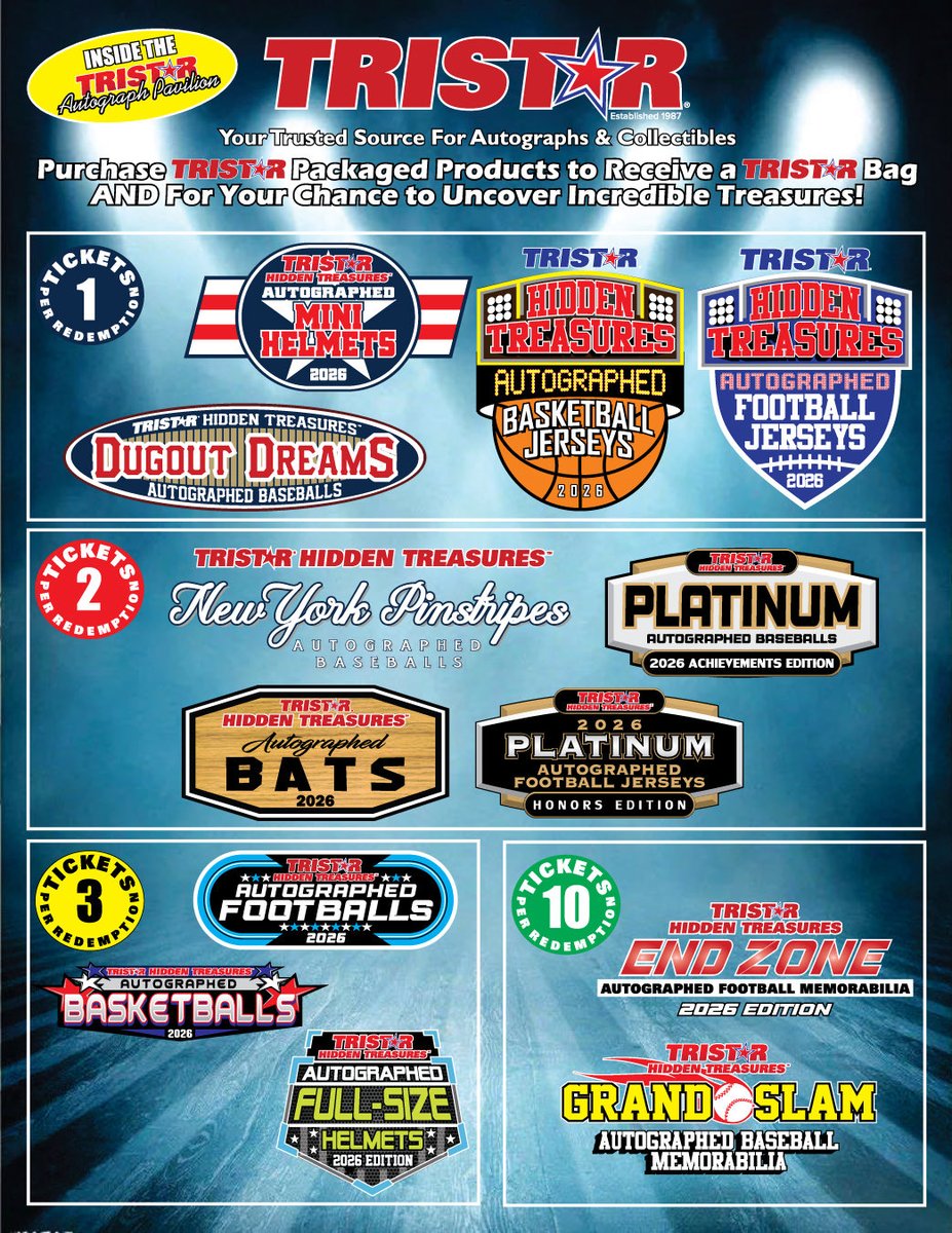 TRISTAR1's tweet photo. 🎁 BUY. REDEEM. WIN. 🎁
 
Heading to the National Sports Collectors Convention? Don't just buy your favoriteTRISTAR Packaged Products...turn them into a chance to win incredible prizes! 🤩
 
🔥 Every TRISTAR Packaged Product could unlock MORE than what's inside the box!
 
👀 During the National, every eligible TRISTAR Packaged Product earns you entries into our daily prize drawings featuring incredible autographed memorabilia.
💥 Every eligible product gives you another chance to WIN...so the more you collect, the more chances you'll have to uncover incredible treasures!
 
Redeem your entries at our booth in the front of the TRISTAR Autograph Pavilion 📅 National Sports Collectors Convention July 29 – August 2 📍 Donald E. Stephens Convention Center • Rosemont, IL
 
#TheNational #NSCC2026 #TRISTARHiddenTreasures #Autographs #CollectGreatness
