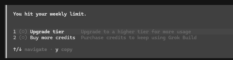 SpencerInDenver's tweet photo. Grok 4.5 is awesome, but I hit my limit on Grok Build, it says 'You hit your weekly limit',  so I upgrade to Super Grok. Still it shows me I've used 17% of my weekly limit (which is fine) but Grok Build is still stuck on the 'You hit your weekly limit'. Can even /usage and see the 17%.