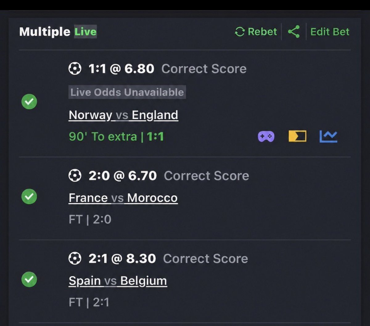 Bigmoneytips91's tweet photo. Boooooooooom 💥💥💥💥💥💥💥

3/3 correct  scores 

Quarter-Final:

🇫🇷 2:0 🇲🇦   ✅️✅️✅️✅️✅️
🇪🇸 2:1 🇧🇪    ✅️✅️✅️✅️✅️
🇳🇴 1:1 🏴󠁧󠁢󠁥󠁮󠁧󠁿     ✅️✅️✅️✅️✅️
🇦🇷 2:1 🇨🇭____ https://t.co/VZPlr0isle