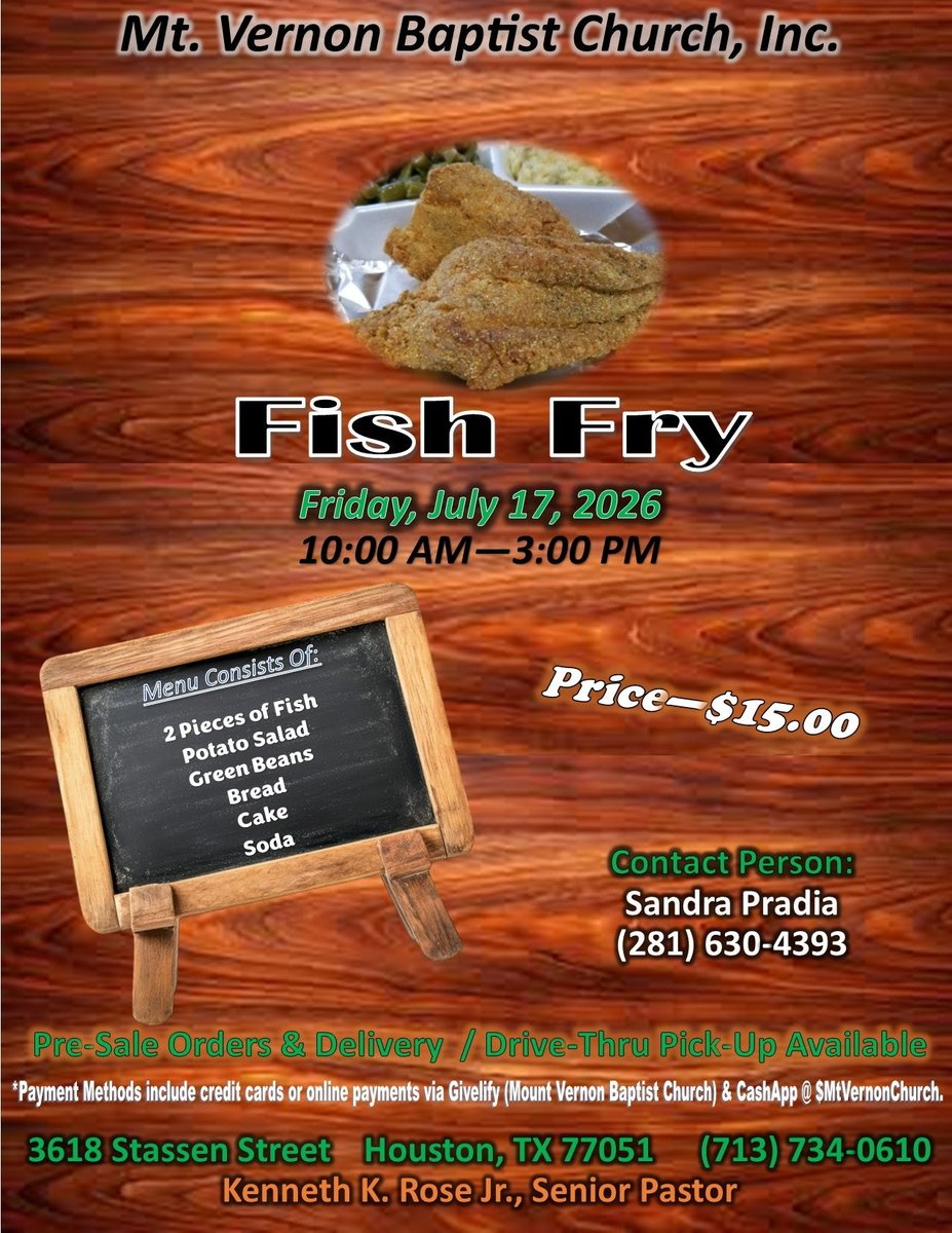 pradiasandra's tweet photo. Fish Fry Friday, 7/17/26
Place your order today...
We will be selling men suits. https://t.co/radxpft92T