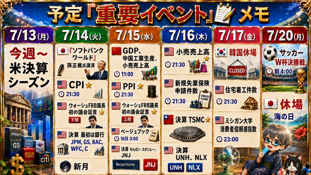 nicosokufx's tweet photo. 予定「重要イベント」📝メモ

7/13(月)
🇺🇸今週～ 米決算シーズン👀
14(火)
🇯🇵『ソフトバンクワールド』孫正義氏講演
🇺🇸CPI⭐️21:30
🇺🇸ウォーシュFRB議長 初の議会証言⭐️下院 23:00?
🇺🇸決算 最初は銀行 JPM、GS、BAC、WFC、C
🌑新月
15(水)
🇨🇳GDP、中国工業生産、小売売上高 11:00
🇺🇸PPI⭐️21:30
🇺🇸ウォーシュFRB議長 初の議会証言⭐️上院 23:00?
🇺🇸ベージュブック 16日3:00
🇳🇱決算 ASML⭐️14:00？
🇺🇸決算 MS、JNJ
16(木)
🇺🇸小売売上高⭐️21:30
🇺🇸新規失業保険申請件数 21:30
🇹🇼決算 TSMC⭐️15:00？（資料は14:30?）
🇺🇸決算 UNH、NLX
17(金)
🇰🇷韓国休場
🇺🇸住宅着工件数 21:30
🇺🇸ミシガン大学消費者信頼感指数 23:00
19(日)
⚽️サッカーW杯決勝戦 20日4:00
20(月)
🇯🇵休場 海の日