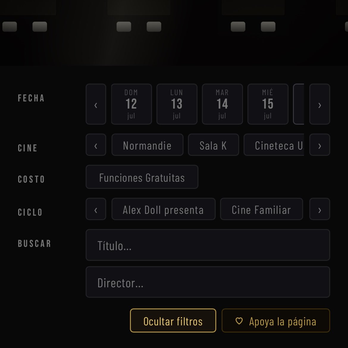sofritaxcx's tweet photo. gracias x tanto cinéfilos!! todo su apoyo me motivó y les traigo esta actualización:

- más cines y salas
- filtrar por funciones gratis, ciclos de cine, y buscar películas por nombre y director
- links a compra de entrada o al sitio del cine (de existir)

https://t.co/hsjIDoUtyZ https://t.co/WKqMFxfb6J