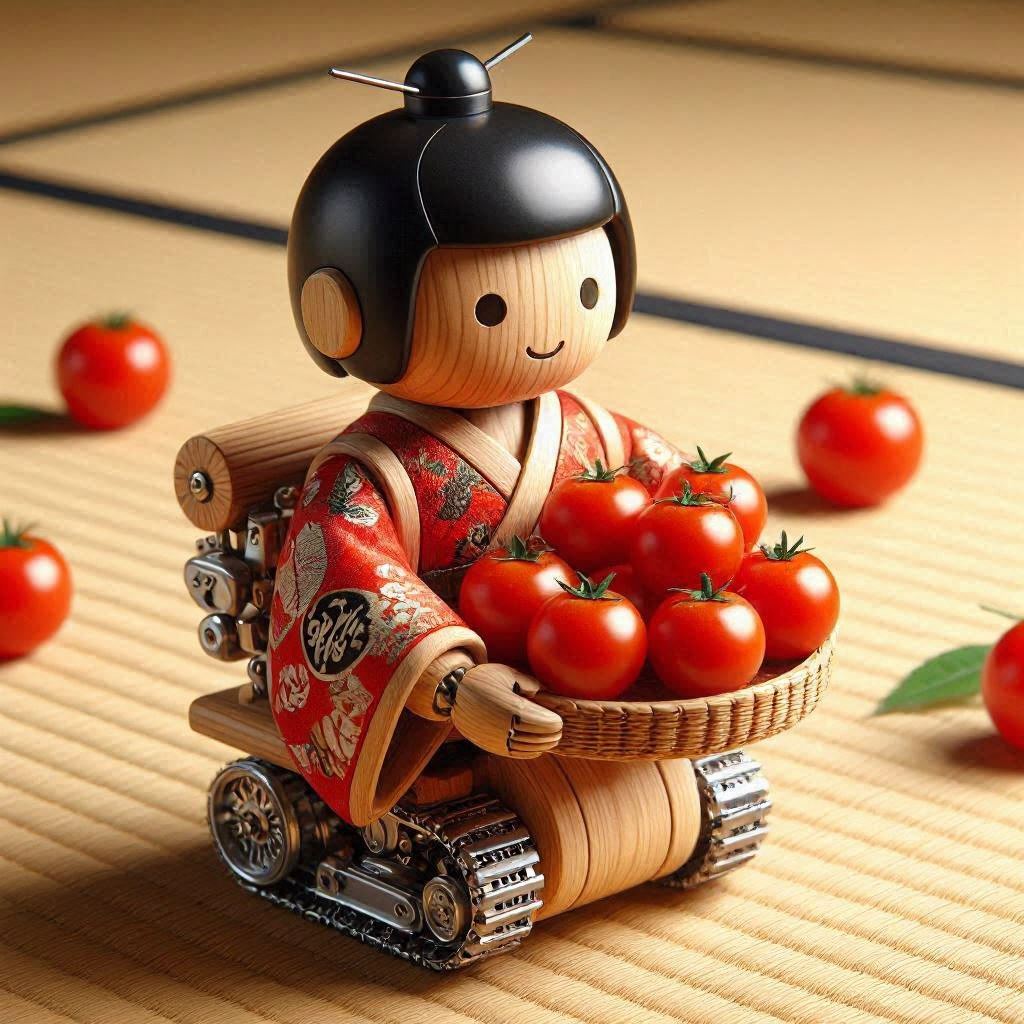 ミニトマトを運んでくるからくりロボット #AIart #木製品