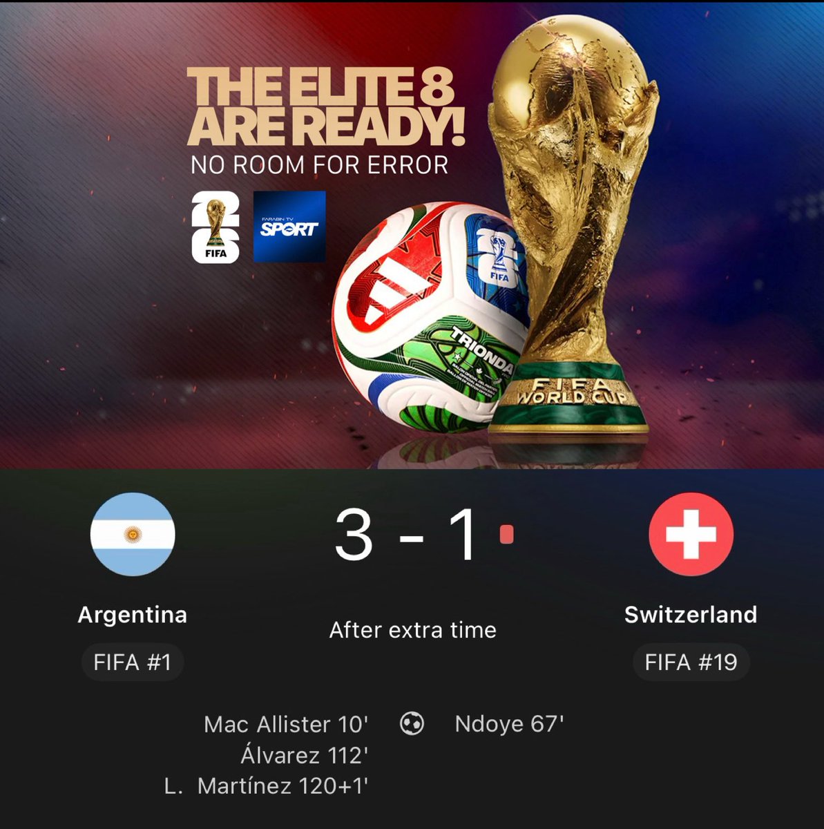 farabintvsport's tweet photo. خط و نشان سنگین آلبی‌سلسته برای سه‌شیرها؛ آرژانتین با جادوی مسی صعود کرد، انگلیس آماده باش!

پرونده مرحله یک‌چهارم نهایی جام جهانی ۲۰۲۶ با یک نمایش مقتدرانه و خط و نشان جدی مدافع عنوان قهرمانی بسته شد. تیم ملی آرژانتین ثابت کرد که برای حفظ پادشاهی خود در فوتبال جهان شوخی ندارد و با شکست ۳ بر ۱ سوئیس سرسخت، به عنوان آخرین تیم راهی نیمه‌نهایی شد. (برخلاف ۲-۱ انگلیس و نروژ وبرتری ناپلئونی!)

آرژانتین بازی را طوفانی شروع کرد و الکسیس مک‌آلیستر در دقیقه ۱۰ روی پاس گل لیونل مسی دروازه را باز کرد. اگرچه سوئیس در دقیقه ۶۷ توسط اندویه بازی را به تساوی کشاند، اما اخراج امبولو در دقی��ه ۷۲، این تیم را کاملاً تحت فشار گذاشت. در وقت‌های اضافه، نبوغ و قدرت بدنی آرژانتینی‌ها کاملاً به حریف دیکته شد؛ خولیان آلوارز در دقیقه ۱۱۲ و لائوتارو مارتینز در دقیقه ۱+۱۲۰ تیرهای خلاص را شلیک کردند تا برتری مطلق آلبی‌سلسته به اثبات برسد. لیونل مسی هم با نمره درخشان ۸.۸ به عنوان بهترین بازیکن زمین انتخاب شد.

با این پیروزی قاطع در وقت‌های اضافه، قهرمان جهان نشان داد که در اوج آمادگی بدنی و تاکتیکی قرار دارد و حالا خودش را برای منفجر کردن انگلیس در آتلانتا آماده می‌کند!

چهارشنبه شب، ۱۵ جولای، نبرد سنتی و حیثیتی آرژانتین و انگلیس و یه جورایی فینال زودرس در نیمه‌نهایی برگزار خواهد شد. 

#جام_جهانی #جام_جهانی_2026 #فوتبال #آرژانتین #مسی