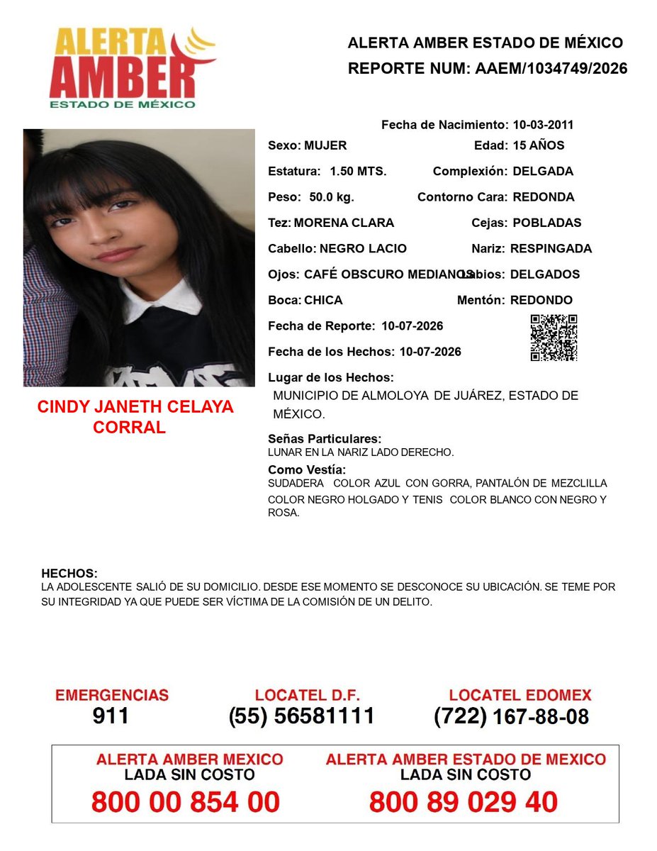 FiscaliaEdomex's tweet photo. 📍Tu apoyo es importante, ayúdanos a difundir, cualquier información para localizar a la siguiente persona comunícate al 📞800 890 2940 Alerta Amber EDOMEX y ☎️ 800 7028 770 #FiscalíaEdoméx. https://t.co/9QZ2rSZmkd