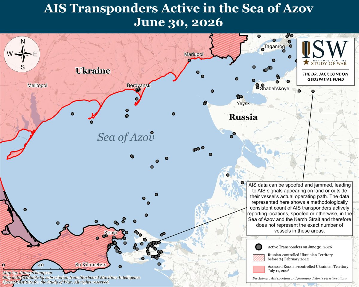 TheStudyofWar's tweet photo. NEW: The recent, intensified Ukrainian strikes against Russian seaborne gasoline tankers in the Sea of Azov have reportedly forced Russia to close some maritime routes. ⬇️

Starboard Maritime Intelligence (@StarboardIntel) data indicates a possible 55 percent decline in vessels with active automatic identification system (AIS) transponders in the Sea of Azov between June 30 and July 11.

AIS data can be spoofed and jammed, leading to AIS signals appearing on land or outside their vessel’s actual operating path. The Starboard data shows a methodologically consistent count of AIS transponders actively reporting locations, spoofed or otherwise, in the Sea of Azov and the Kerch Strait and therefore does not represent the exact number of vessels in these areas.

Intensified Ukrainian strikes against seaborne vessels may have prompted Russian vessels to alter their behavior in the Sea of Azov in any of several ways consistent with the Starboard data and AIS signal anomalies.