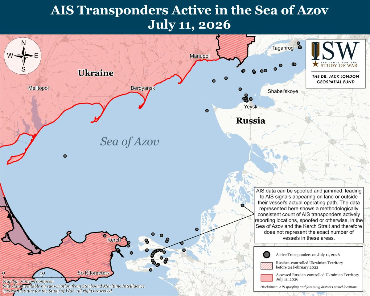 TheStudyofWar's tweet photo. NEW: The recent, intensified Ukrainian strikes against Russian seaborne gasoline tankers in the Sea of Azov have reportedly forced Russia to close some maritime routes. ⬇️

Starboard Maritime Intelligence (@StarboardIntel) data indicates a possible 55 percent decline in vessels with active automatic identification system (AIS) transponders in the Sea of Azov between June 30 and July 11.

AIS data can be spoofed and jammed, leading to AIS signals appearing on land or outside their vessel’s actual operating path. The Starboard data shows a methodologically consistent count of AIS transponders actively reporting locations, spoofed or otherwise, in the Sea of Azov and the Kerch Strait and therefore does not represent the exact number of vessels in these areas.

Intensified Ukrainian strikes against seaborne vessels may have prompted Russian vessels to alter their behavior in the Sea of Azov in any of several ways consistent with the Starboard data and AIS signal anomalies.
