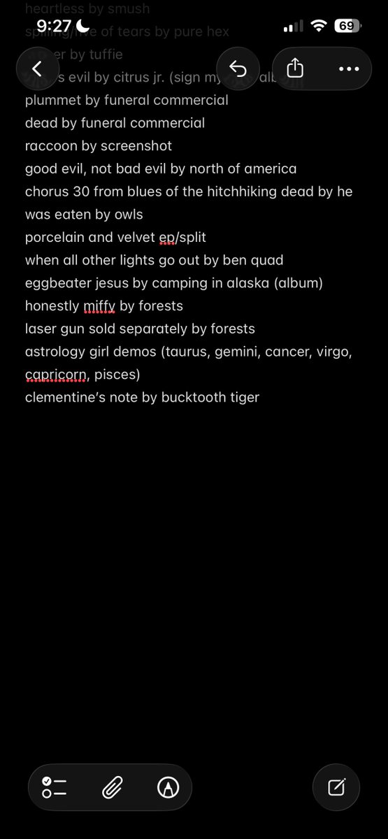 bunnybottlegirl's tweet photo. i keep a playlist of all the songs @usurpernova recommends me because i’m super neurotic but by virtue of using apple music i can’t keep a shared playlist of the stuff i recommend xem so instead it’s just this super silly looking note i update and screenshot every few weeks https://t.co/1wzHoAv5wc