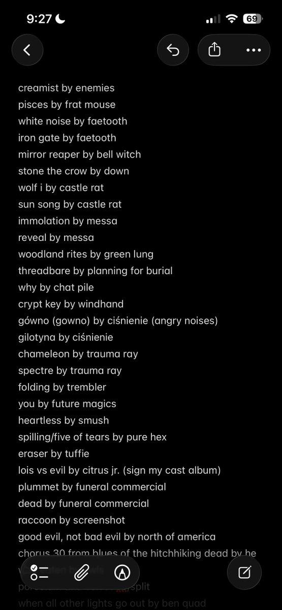bunnybottlegirl's tweet photo. i keep a playlist of all the songs @usurpernova recommends me because i’m super neurotic but by virtue of using apple music i can’t keep a shared playlist of the stuff i recommend xem so instead it’s just this super silly looking note i update and screenshot every few weeks https://t.co/1wzHoAv5wc