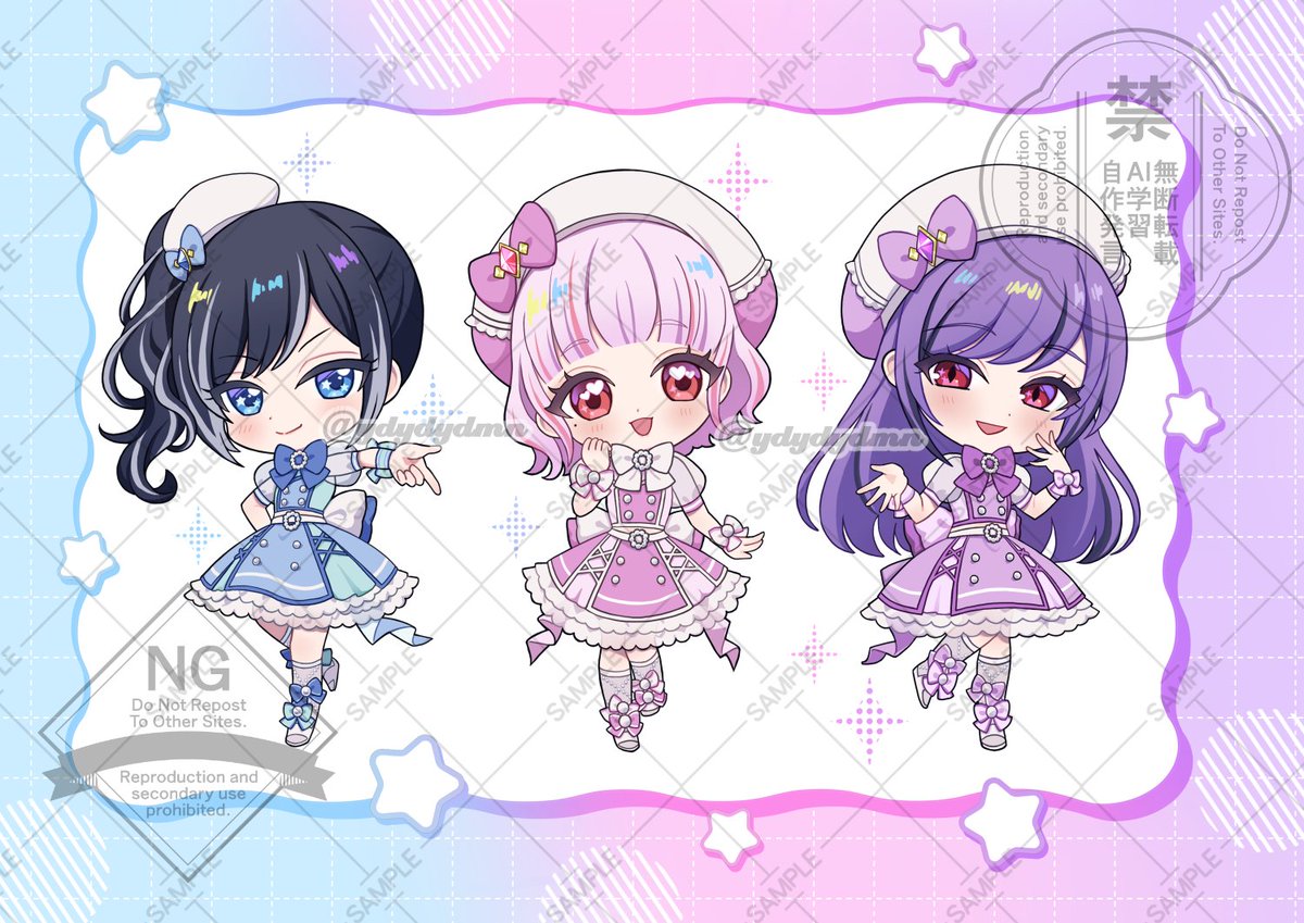ydydydmn's tweet photo. 描きました💙🩷💜
アイドル衣装大好きなのでいっぱい描けて嬉しいです！

#skeb #commission #pixivリクエスト 募集しております～！ https://t.co/W0yGKgzU19
