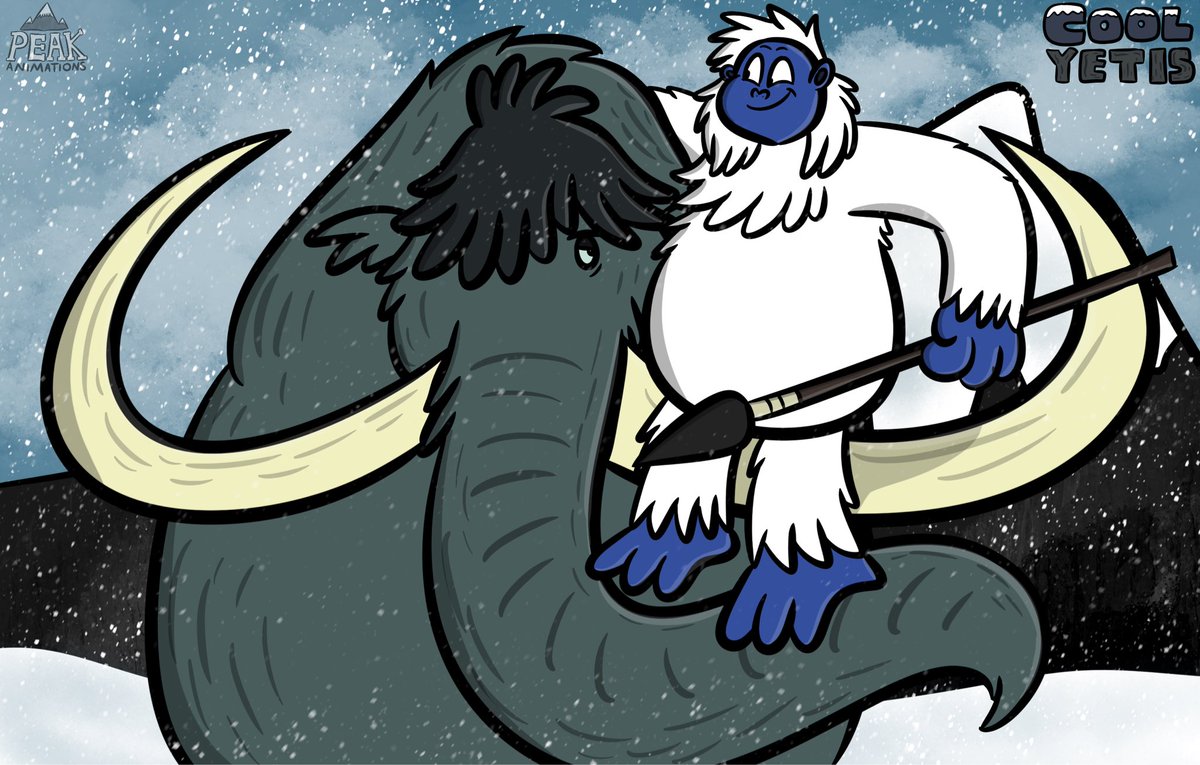 Peakanimations's tweet photo. Mammoths are a valuable species in The Yeti Village when they escaped to the mountains from being hunted down during The Pleistocene, Ice Age. 

Tusker was one of them and is living a good frozen life up in Bleeg’s mountain accompanied by his master! 🫈🦣

#coolyetis https://t.co/9YIT3y803N