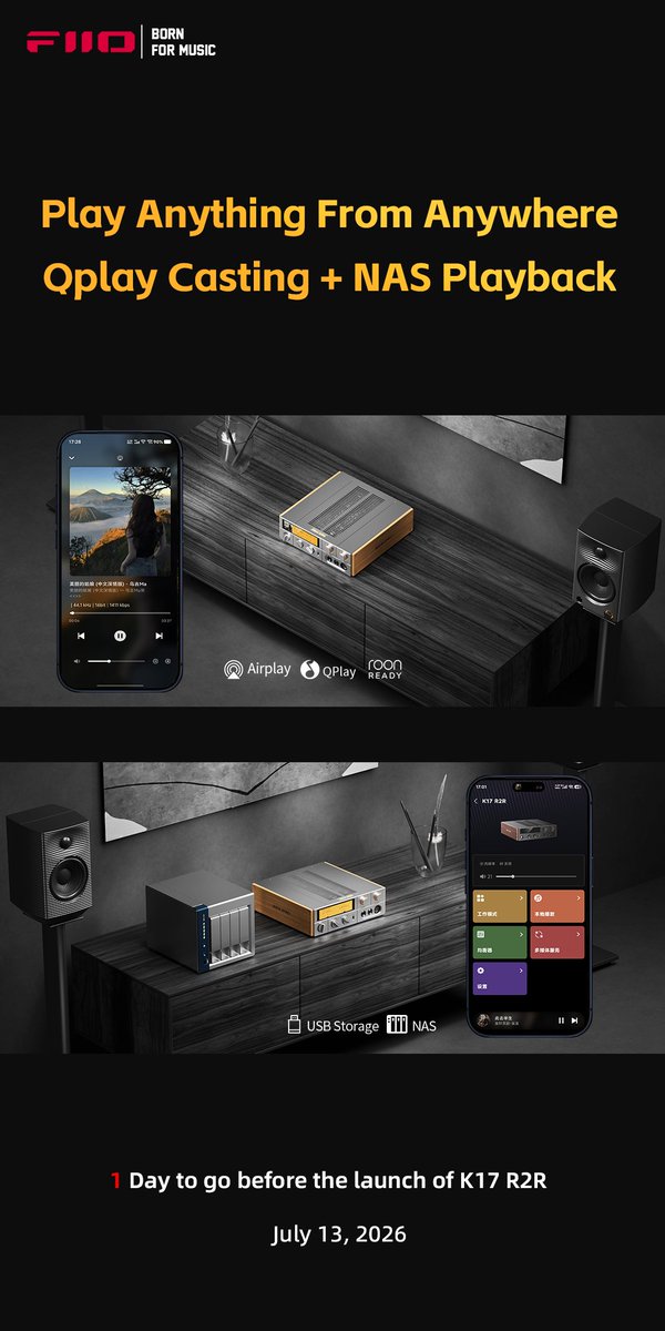 FIIO_official's tweet photo. 1 Day to go before the launch of K17 R2R❤️
All-in-One Streaming DAC and Headphone Amplifier K17 R2R
With Roon Ready, AirPlay, and Qplay certifications, the K17 R2R works seamlessly with the platforms and devices you already use. Newly added NAS server playback brings your home music library into the picture, supporting NFS and SMB protocols with one-tap access via the FIIO Control app. From cloud streaming to lossless local network playback—whatever you want to hear, the K17 R2R gets it to your ears.

#FIIO #K17R2R #DACandHeadphoneAmplifier #Amplifier #R2RPRO