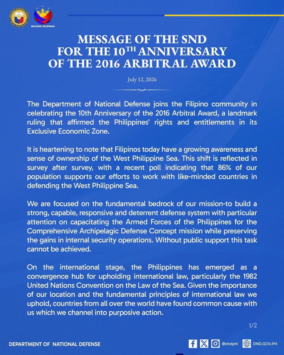 BaconPexcel's tweet photo. READ: Defense Secretary Gilberto C. Teodoro Jr. on Sunday reaffirmed the Philippines' commitment to uphold the 2016 Arbitral Award as the country marked its 10th anniversary. | @bworldph https://t.co/QVCV4bBG7a