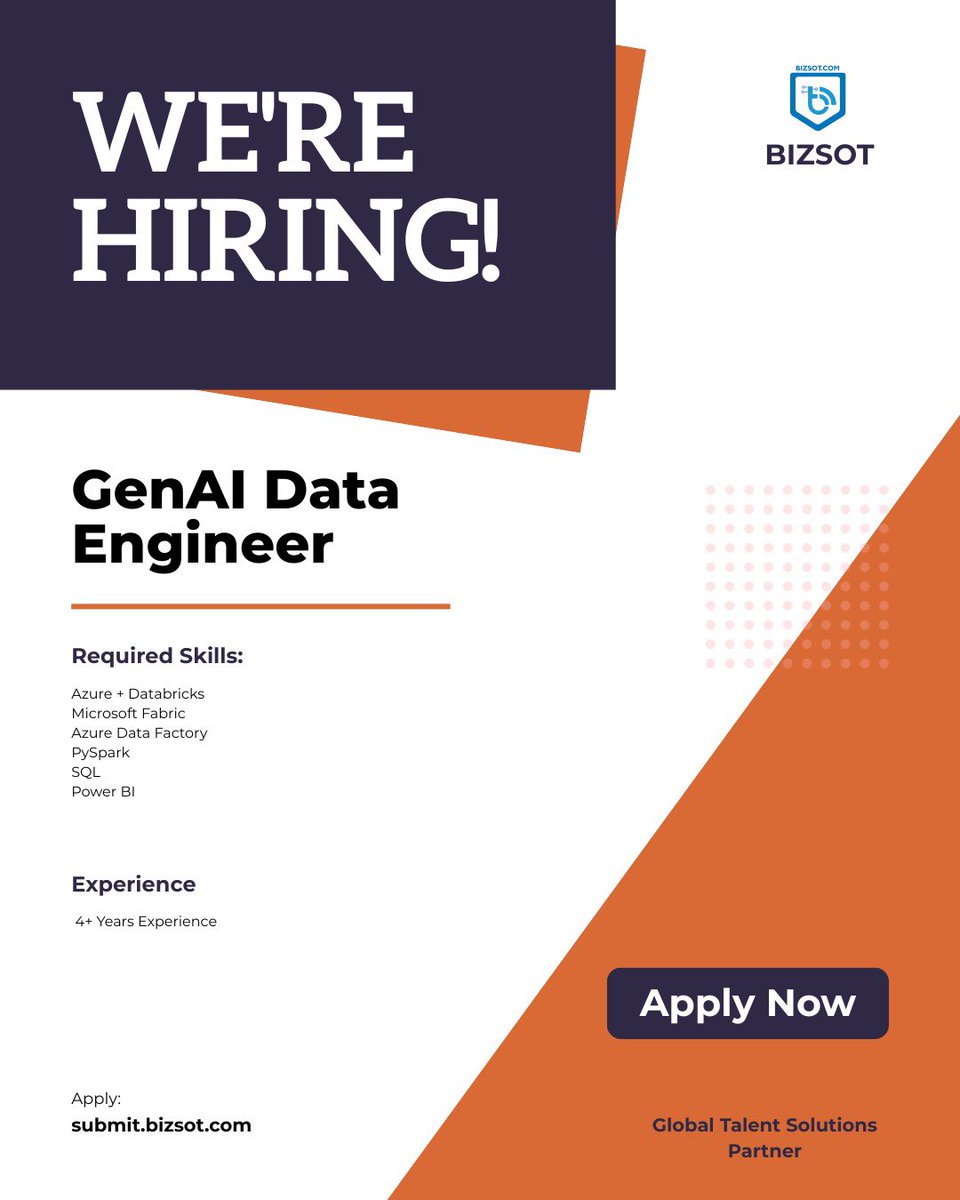 consultsyed's tweet photo. Hiring! experienced Data Engineering professionals for multiple exciting opportunities with a leading global organization. #Hiring #DataEngineering #GenAI #Azure #Databricks https://t.co/LqWyYRuCN2