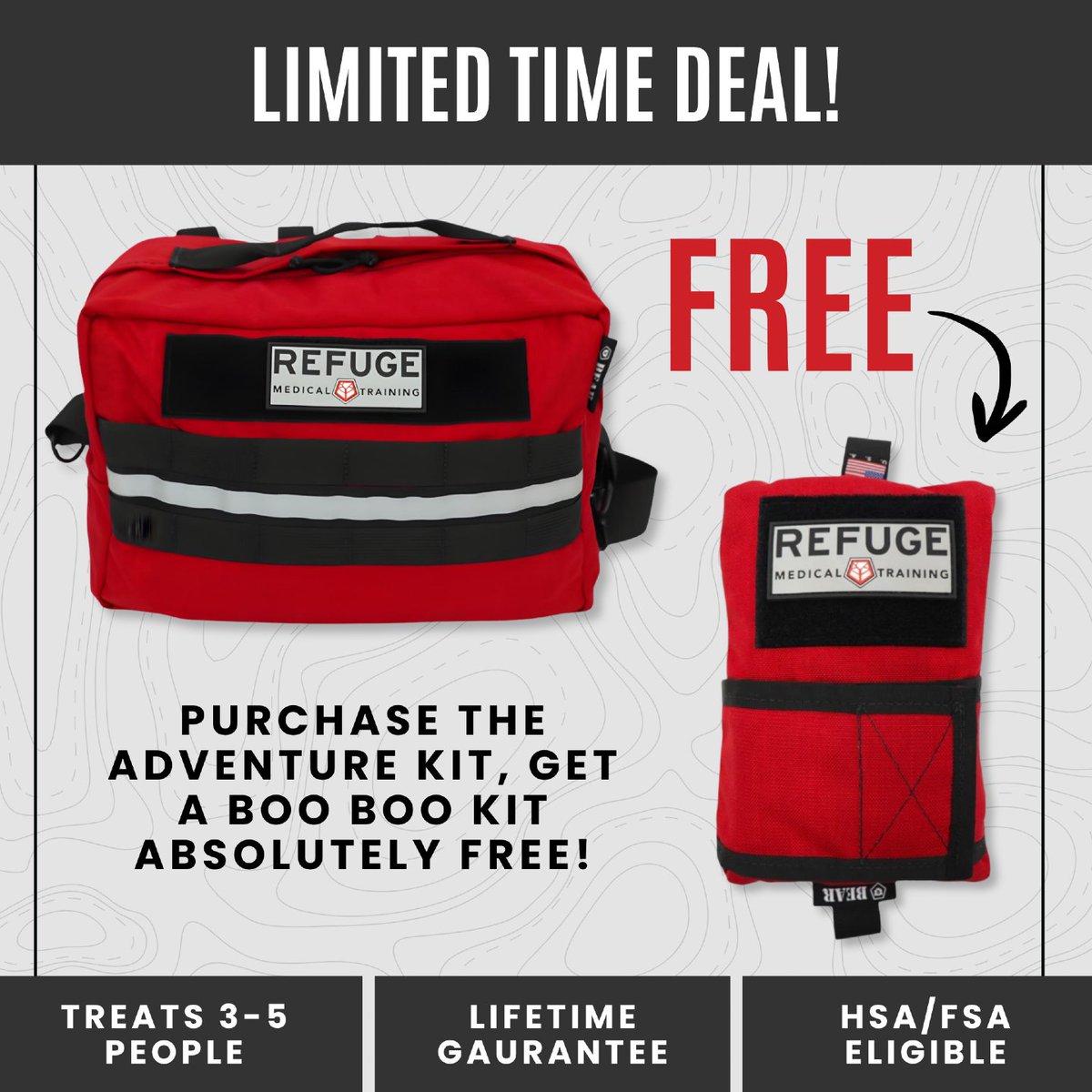 refugemedical's tweet photo. 🗣️ It's happening! 

We are giving you a FREE BOO BOO Kit with every purchase of our Adventure Kit, plus the summer freebies, so you're walking away with 5 free gifts. This will be deactivated on Monday night, so don't sleep on it....

#refugemedical #refugetraining #freegear https://t.co/lxmbGgXxSO