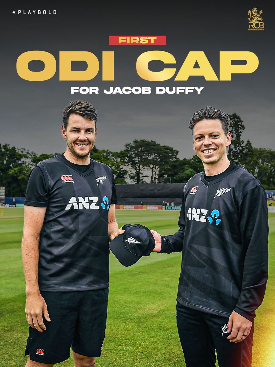 RCBTweets's tweet photo. A The day Duffman’s ODI career began. 🇳🇿🤩

#OnThisDay in 2️⃣0️⃣2️⃣2️⃣, Jacob Duffy donned the Black Caps jersey for the first time in ODIs, against Ireland. 🫡💪

#PlayBold #ನಮ್ಮRCB https://t.co/MjaFsh33hE