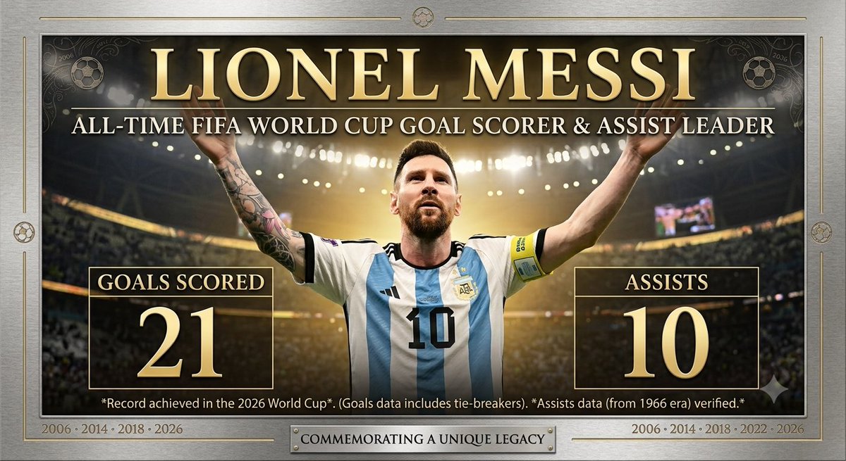 Pi_UpdatesDaily's tweet photo. If you are here,
Prove your presence by putting "🐐" below this tweet

🚨 Most goals in FIFA World Cup history 🌎⚽
🥇 Lionel Messi 🇦🇷 — 21 goals

🚨 Most assists in FIFA World Cup history 🌎⚽
🥇 Lionel Messi 🇦🇷 — 10 assists https://t.co/1HT4VzIin8