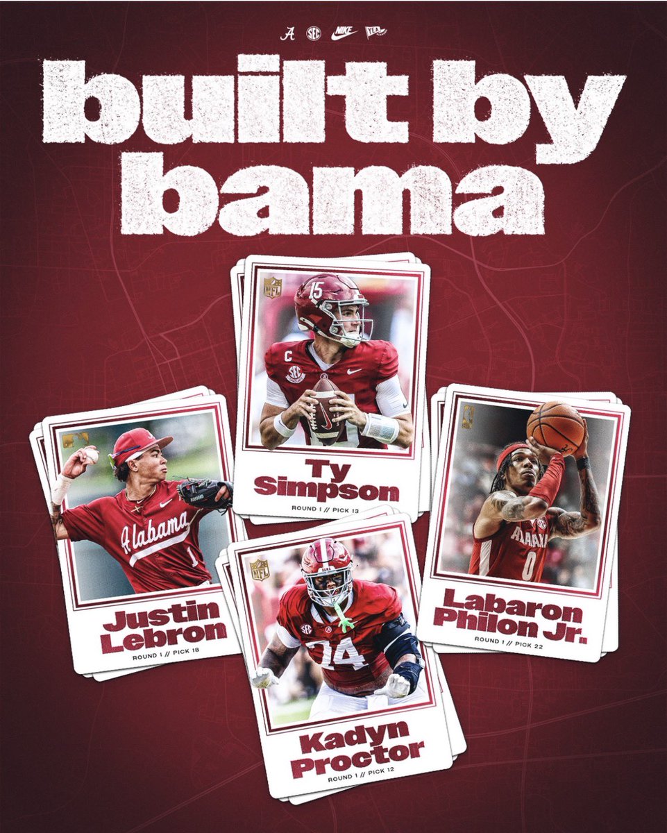 the_bama_factor's tweet photo. Alabama was the only school in the country to produce first-round draft picks in football, basketball, and baseball this year.

Football: Kadyn Proctor, Ty Simpson
Basketball: Labaron Philon Jr.
Baseball: Justin LeBron

No one else did it. https://t.co/V0iaiadV8L