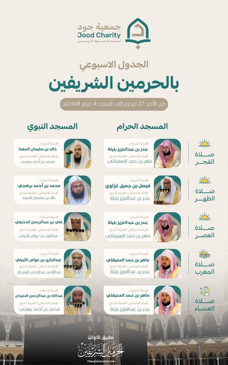 B_m_turki's tweet photo. 🗓 الجدول الأسبوعي لأئمة ⁧ #المسجد_الحرام⁩ و ⁧ #المسجد_النبوي⁩

من يوم الأحد 27 محرم 
الى يوم السبت 4 صفر 1448هـ

⁧#تطبيق_تلاوات_الحرمين⁩
#جمعية_جود_لخدمة_ضيوف_الرحمن https://t.co/OaJpGVNPFc