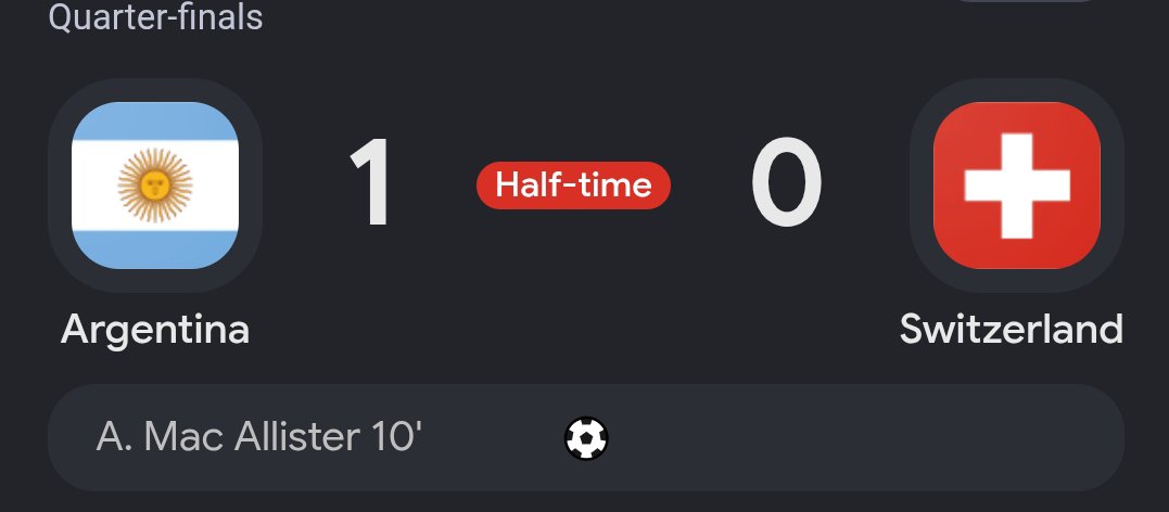 Philandgreat's tweet photo. End of Half-time: Argentina 1 - 0 Switzerland
#ARGSUI #ENGNOR #NORENG #FIFAWorldCup #Football #Worldcup2026 #Worldcup #Argentina #switzerland https://t.co/6WXYhobcvU