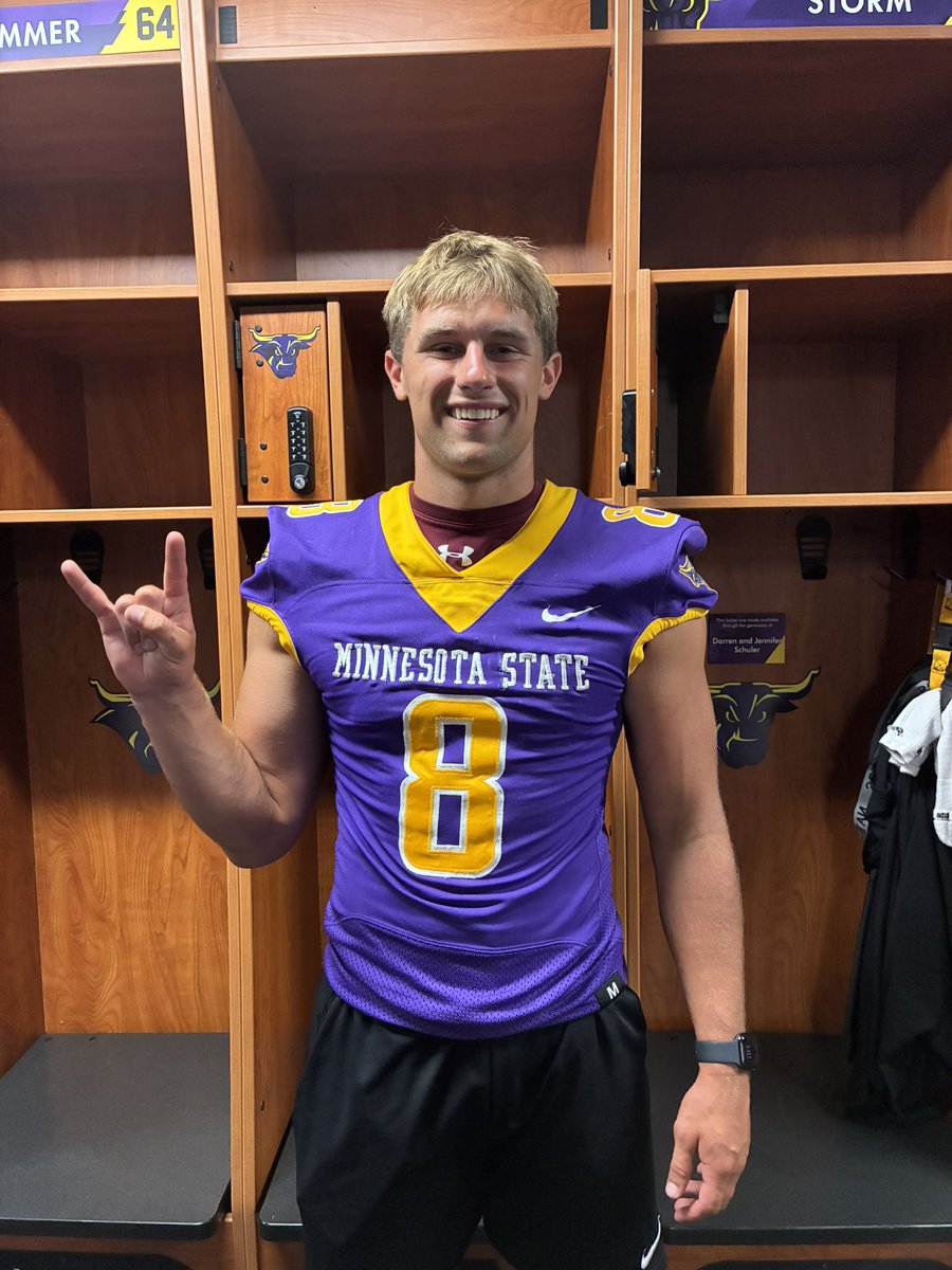 cody_schiltz's tweet photo. I want to thank @CoachSchlichte and @MinnStFootball for inviting me to camp today. Felt awesome to get out on the field and get after it, as well as a great tour around campus and talking with all the coaches!
Some numbers from testing:
Pro-4.3
Broad-9’5 https://t.co/HflVMguKEz