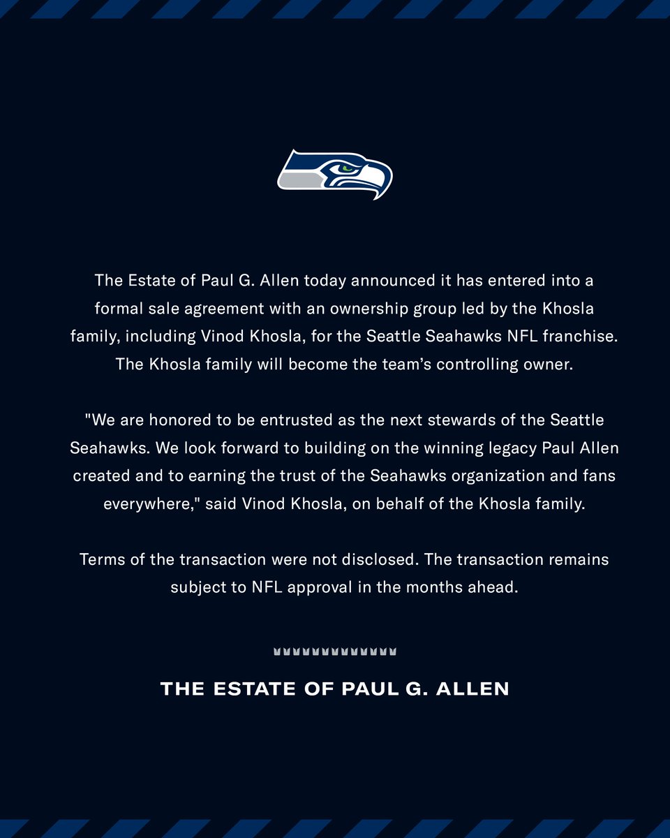 Breaking911's tweet photo. BREAKING: The Paul G. Allen Estate has agreed to sell the Seattle Seahawks to the Khosla family for a record $9.6 billion, pending NFL owners’ approval. Neeru Khosla is expected to become the team’s controlling owner. https://t.co/cwh39jU1OG