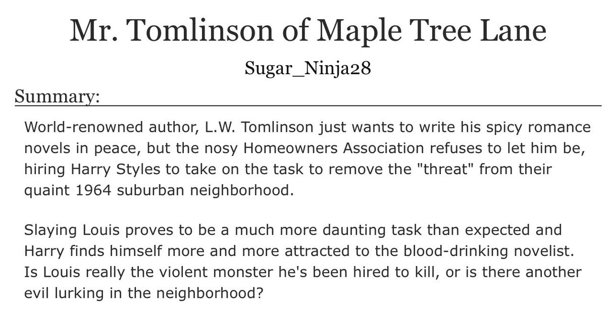IWantYouToRecMe's tweet photo. Hello readers, we have received a new NGL rec

Mr. Tomlinson of Maple Tree Lane by @SugarNinja28 

Written for @LarryAfterDarkF 
68K | Vampire L | Slayer H | The Book Club | 1960’s | Fluff

https://t.co/t5KMly8qjH https://t.co/sSnZm5JpHz