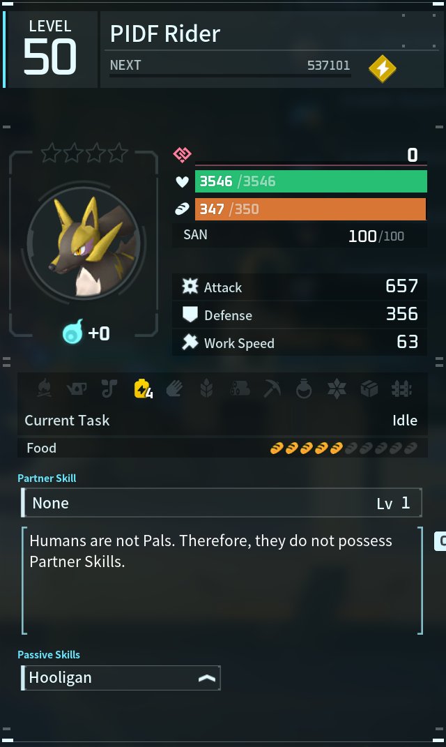 Kaiserdude's tweet photo. I just learned in Palworld that PIDF Riders that spawn at like Wanted level 3 or something are ... considered HUMANS, with no passives... THAT CANNOT BE CONDENSED WITH Humans as per the human type capturables. Instead you condense these "human" types with Rayhounds. https://t.co/rxUah2ywit