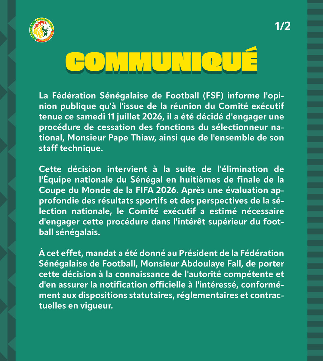 beINSPORTSNews's tweet photo. 🟥 #آخر_خبر | الاتحاد السنغالي 🇸🇳 @Fsfofficielle لكرة القدم يعلن إنهاء مهام مدرب المنتخب الأول باب تياو وطاقمه الفني https://t.co/FSKoS5adz2