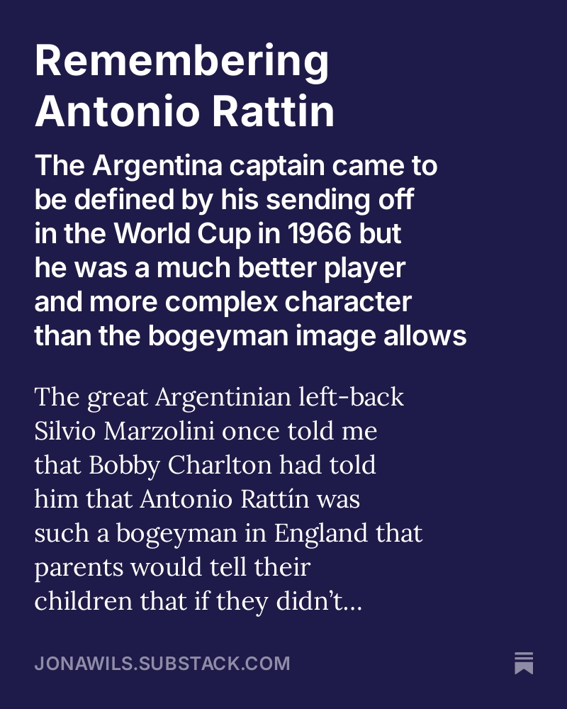 jonawils's tweet photo. In memory of Antonio Rattin, who died on Sunday. He was one of the great number 5s, a far better player and more interesting figure than the bogeyman image allows.

#worldcup #argentina #rattin https://t.co/Bqfx0ZrE1A