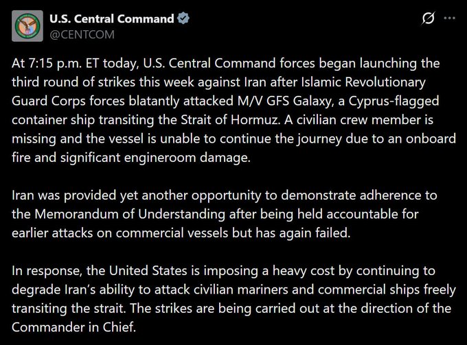 rw581's tweet photo. U.S. Centcom confirms third round of attacks this week now underway against Iran. https://t.co/ISZe7IqPbW