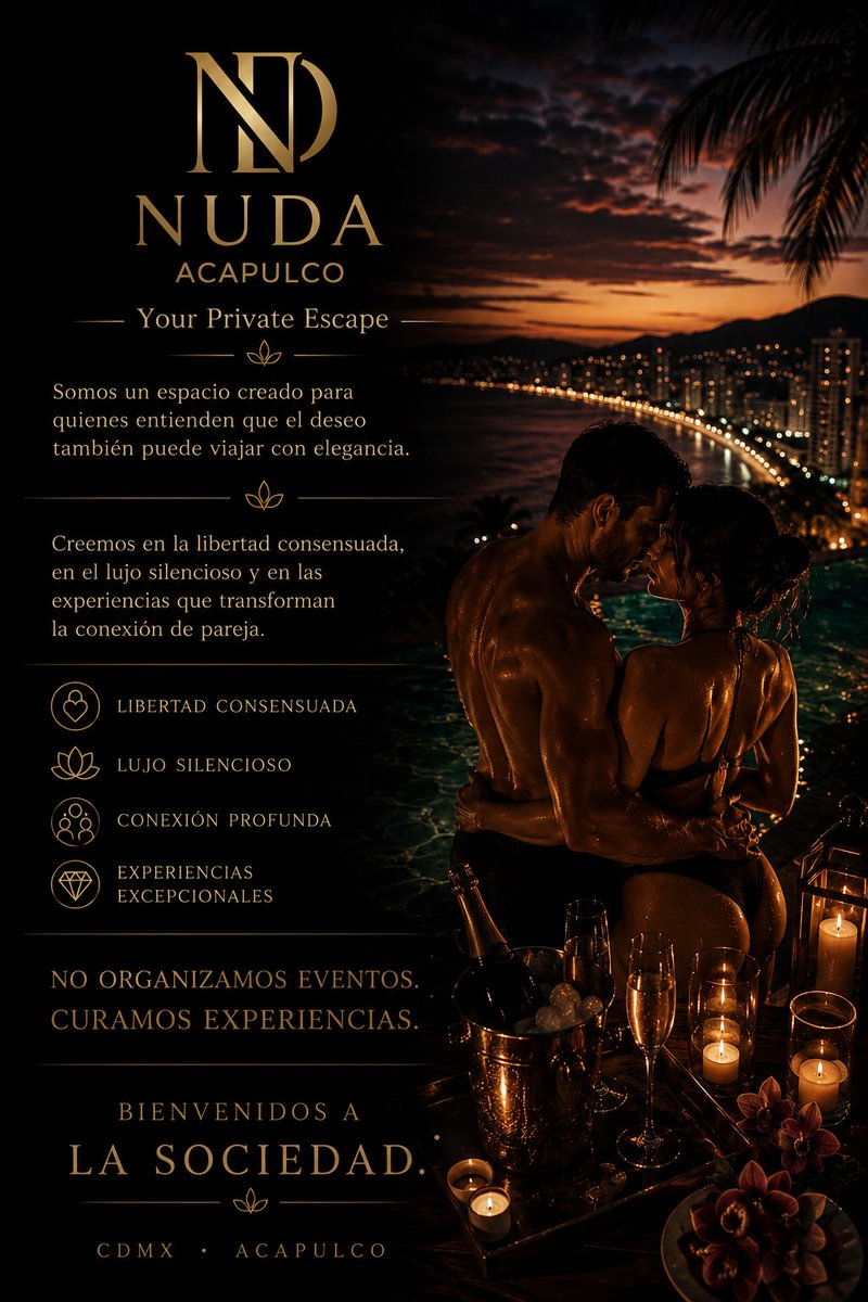 NUDAExperiences's tweet photo. 🌙 NUDA
Luxury Lifestyle Travel Experiences.
Experiencias privadas para parejas que buscan viajar, conectar y disfrutar con elegancia, seguridad y discreción.
 Acapulco · CDMX · Próximamente nuevos destinos. https://t.co/Dm6VWTfIXR